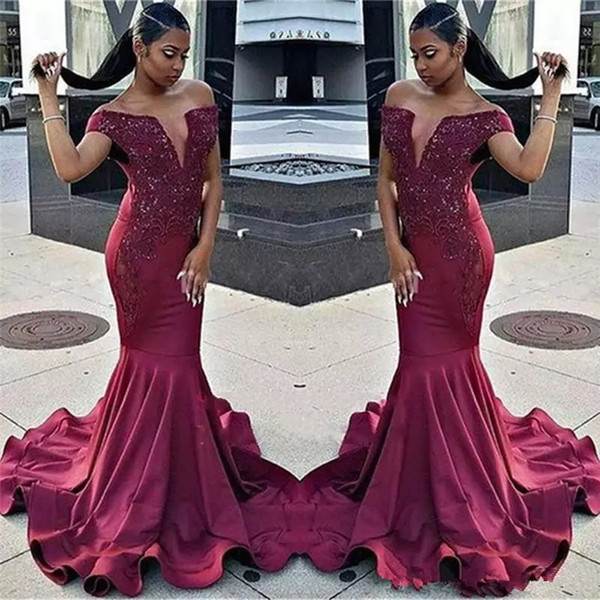 Burgundy Off The Shoulder Mermaid Prom Dresses Black Grils Lace Appliques Beaded Evening Gowns African Formal celebrity Party Wear