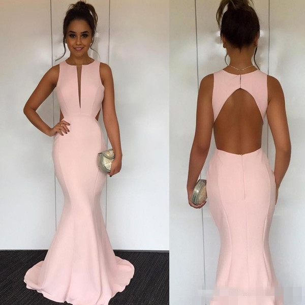 Pink Mermaid Evening Dresses Party Prom Wear Cut Out Back Jewel Neck Sleeveless Satin Backless Simple Concise Evening Gowns