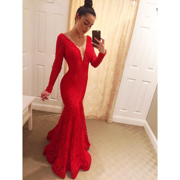 Autumn Hot Red Elegant Mermaid Formal Evening Dresses Sexy Deep V Neck with Lace Long Sleeve From Gowns Dress for Party Wear DTJ