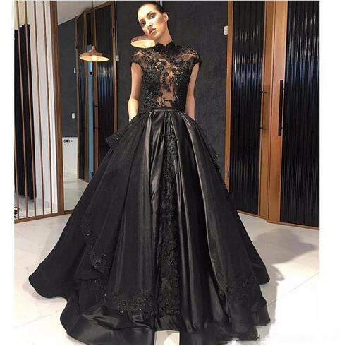 Elie Saab Black Lace Formal Evening Dresses High Neck See Through Overskirt Train Red Carpet Prom Party Gowns custom made Robe de soriee