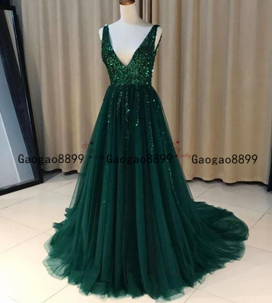 Sexy v neck dark green A-Line Evening Dresses with lace sequined Formal Prom Gowns Customized Formal Dresses custom made Evening Wear