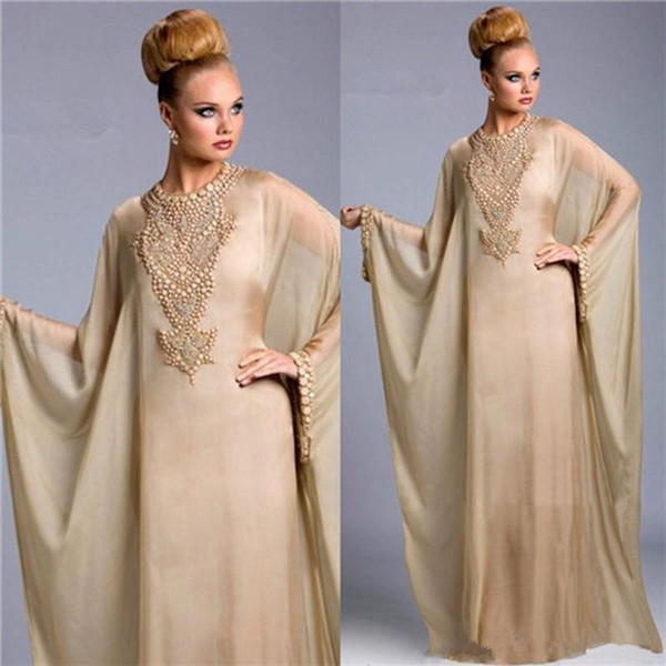 Kaftan Dubai Formal Evening Dresses With Long Sleeve Muslim Evening Gowns Beads Pearls Long Arabic Prom Dresses Floor Length customized