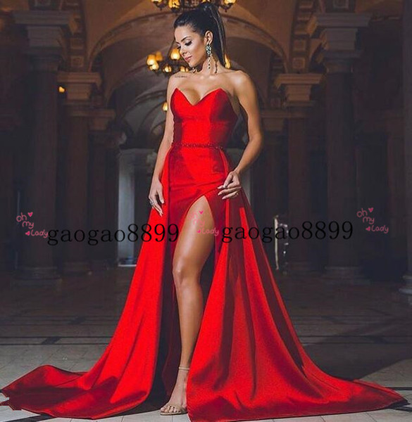 New Sexy Red stain Evening Dresses backless High Split Formal Prom Gowns with detachable train beaded sash Formal Dresses Evening Wear