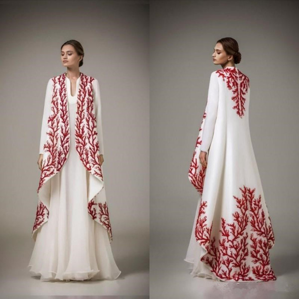 Arabic Dubai Kaftans Evening Dresses Muslim White Chiffon Red Embroidery Long Sleeve Floor Length Gowns Evening Wear Custom Made