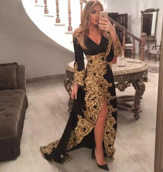 Sexy v neck Evening Dresses African Black Girl with gold Lace Appliques high split long sleeves sweep train modest Formal Evening gowns