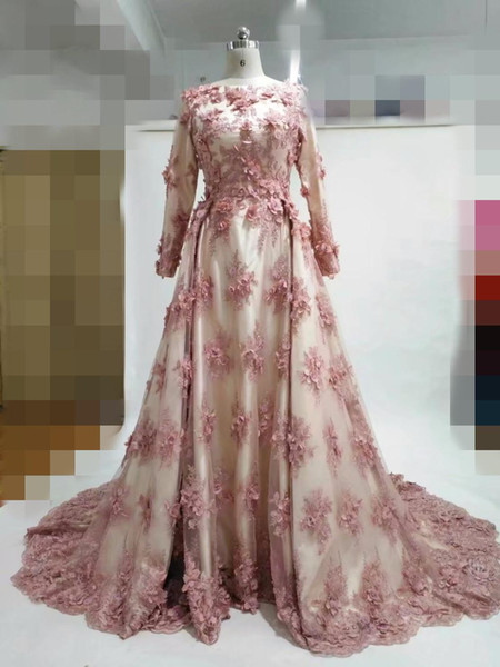 real Muslim evening dresses with sleeve pink lace 3d flowers woman formal dresses elegant real picture evening prom gown