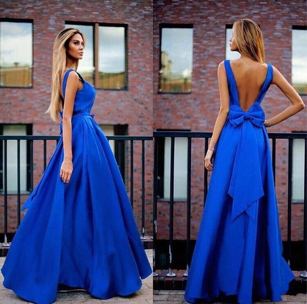 Sexy Royal Blue Satin Formal Evening Dress Floor Length Sexy Backless A Line Dresses Evening Wear Bow Red Carpet Dresses Party Evening