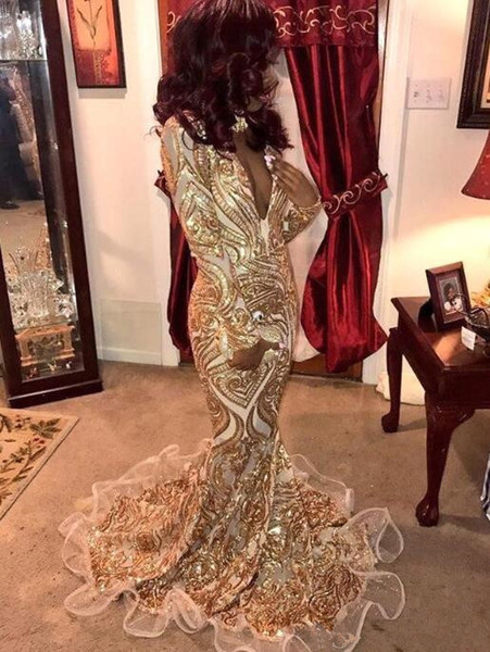 Gold Mermaid Evening Dresses Black Grils Sequins Deep V Neck Formal Party Gown Sheath Plus Size Pageant Dresses sweep train Custom Made