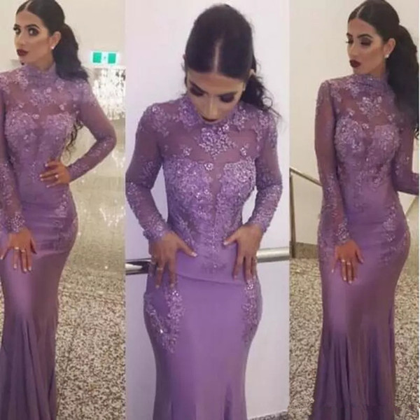 Purple High Neck Mermaid Dresses Evening Wear Lace Appliques Illusion Beaded Sheath Nigerian Long sleeves Floor Length Formal Prom Gowns