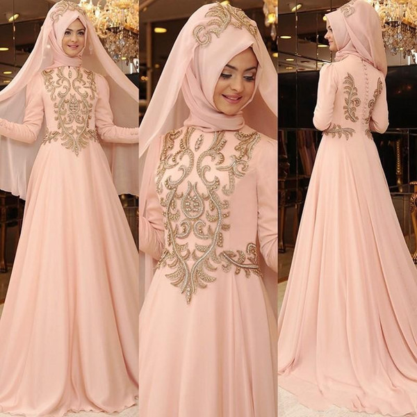 Blush Pink Muslim Formal Evening Dresses High Neck Appliques Chiffon Long Sleeves Evening Gowns A Line Back Covered Button Prom Dresses