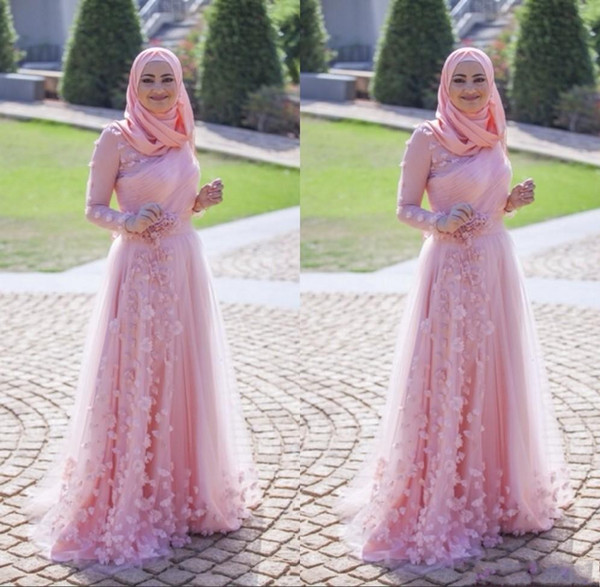 Arabic Pink A Line Muslim Evening Dresses Long Sleeves Pleats Floor Length Plus Size with Hand Made Flowers Dresses Evening Prom Wear