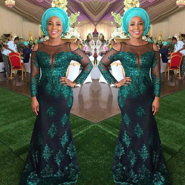 Dark Green African Prom Dresses Sheer Neck Nigerian Lace Off Shoulder Evening Gowns Illusion Ling Sleeves Mermaid Arabic Formal Party Dress