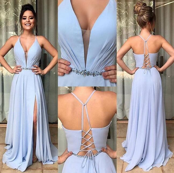 sexy split Formal Evening Dresses ogstuff A Line stain chiffon Floor Length Blue Deep V Neck Formal Dresses Evening Wear Custom Made