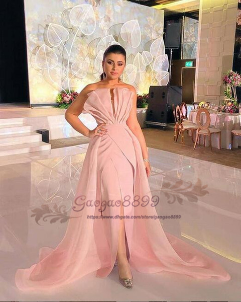 luxury pink Mermaid Evening Dresses strapless with detachable train Red Carpet Dress Sweep Train ruched split Prom Gowns custom made