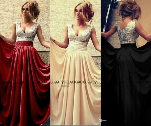 Burgundy Champagne Black Cheap Prom Dresses Deep V Neck Sequined Pleats Chiffon Long Formal Evening Gowns under $100