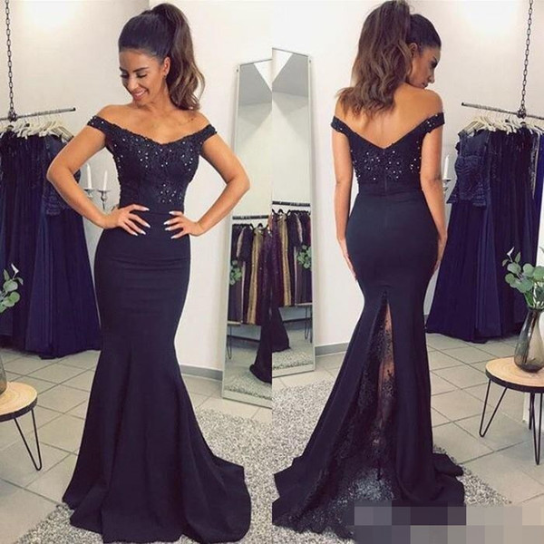 Sexy Black Mermaid Formal Evening Dresses Off the Shoulder Prom Party Dresses with Lace Bead Simple Vestidos Dresses Evening Wear