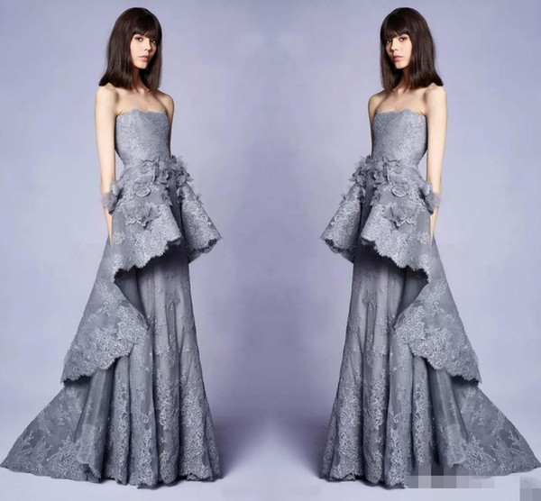 Elegant New Collection Long Grey Evening Gowns With 3d Floral Embellishments Lace Strapless Neckline Pageant Party Dress Gowns for Prom