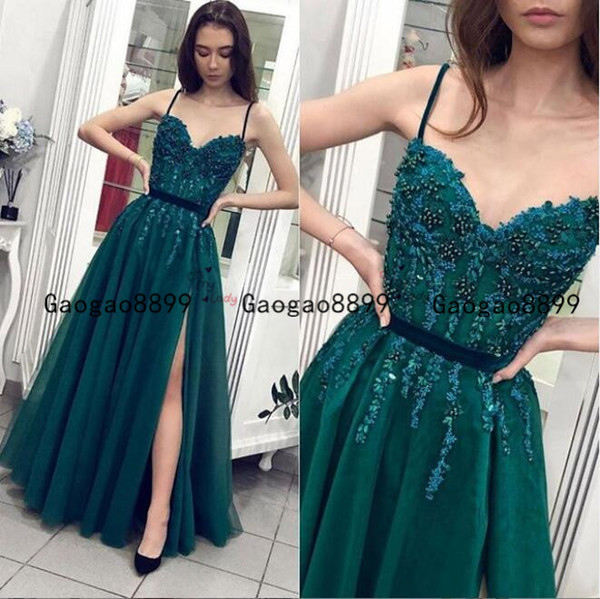 Luxury pearls Arabic Dubai A-Line Prom Dress spaghetti sexy split lace appliques Formal Evening Dresses Custom made