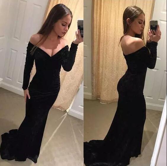 Simple Formal Evening Dresses Deep V Neck Mermaid Prom Dresses Long Sleeves Sweep Train Velvet Formal Party Evening Wear robe de mariée