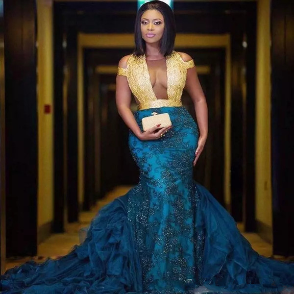 Sexy gold and blue Mermaid Evening Dresses Yousef Aljasmi Nigerian lace illusion bodice african Formal celebrity Prom Dresses Wear