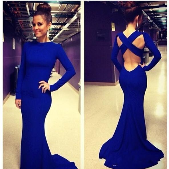 Fall Sexy Formal Evening Dresses Royal Blue Long Sleeve Sweep Train Backless In Stock Evening Gown Formal Dresses Evening Party Wear