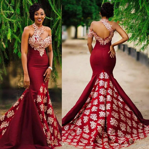 Aso Ebi Style Dark Red Sexy Mermaid Evening Pageant Dresses Modest Lace High Neck Backless Sweep Train Trumpet Africa Prom Party Gowns