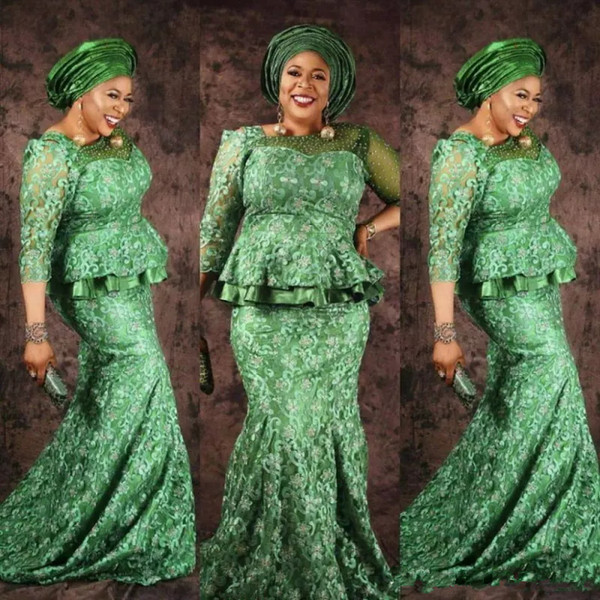 Plus Size Green Nigerian Lace Prom Dresses African Sheer Neck 3/4 Long Sleeves Evening Gowns Aso Ebi Saudi Arab Formal Party Dress