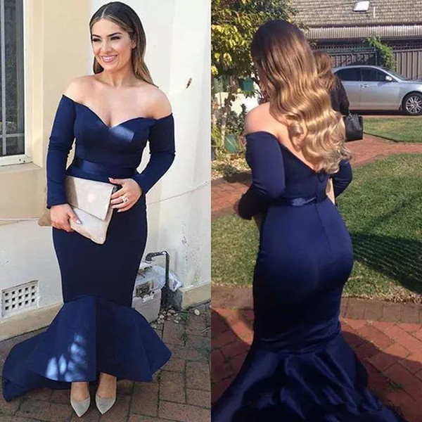 Cheap Elegant Navy Blue Mermaid Evening Dresses Long Sleeves Off Shoulder Backless High Low formal Prom Dress