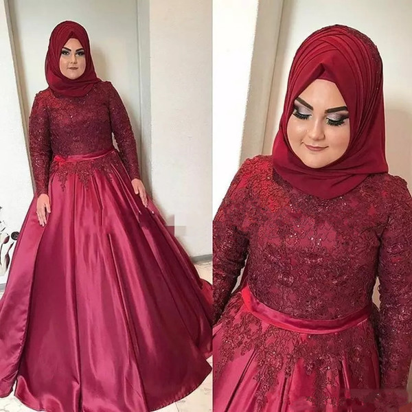 Muslim Arabic Burgundy Plus Size ball gown Prom Dresses High Neck Lace Appliques Beaded Evening Gowns Long Sleeves Formal Party Wear