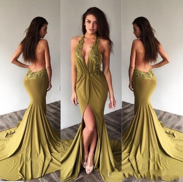 Sexy Open Back Olive Prom Dresses Plunging V Neck Evening Wear with Appliques Backless Side-Slit Halter Deep-V-Neck Party Gowns DTJ