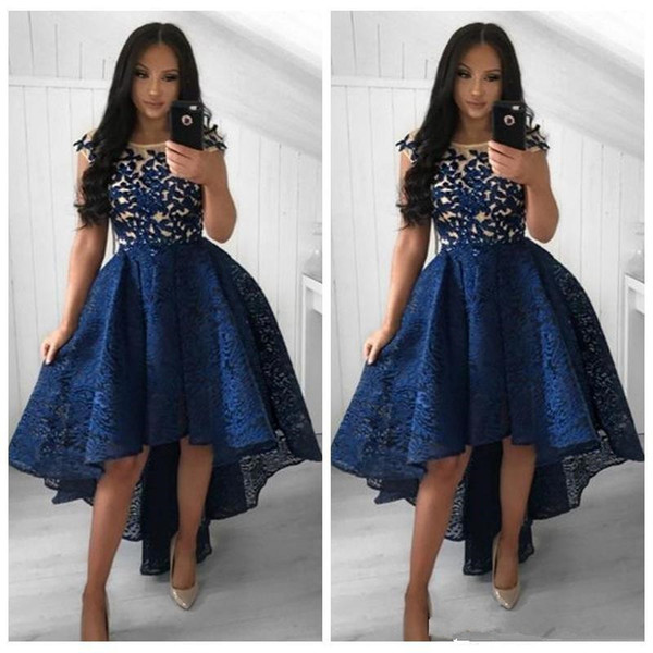 Short Sleeves High Low Prom Dresses Lace Appliques Hi-Lo Special Occasion Party Gowns Pleated Lace Formal Evening Party Gowns