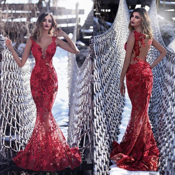 Tony Chaaya Sexy Illusion Red Mermaid Evening Dresses Long Lace Appliqued Sheer V Neck See Through Formal Prom Party Gowns