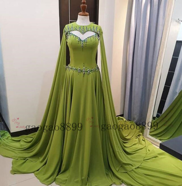 Arabic Dubai Kaftans Evening Dresses Muslim Avocado Green beaded crystal Long Sleeve sweep train long Gowns Evening Wear Custom Made