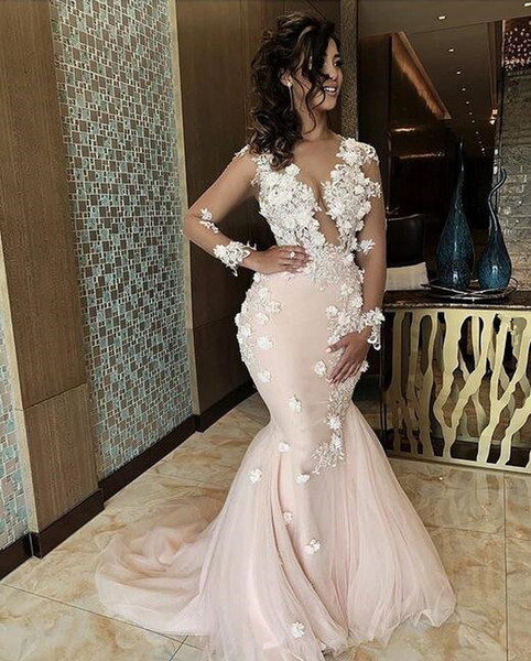 light pink mermaid Evening Dresses with 3D floral Lace Appliques Sheer long sleeves Sweep Train custom made Prom Gowns