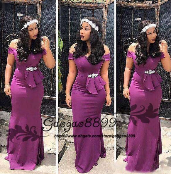 Modest mermaid evening dresses elegant off the shoulder backless Nigerian crystal sash Peplum formal celebrity prom party gowns cheap