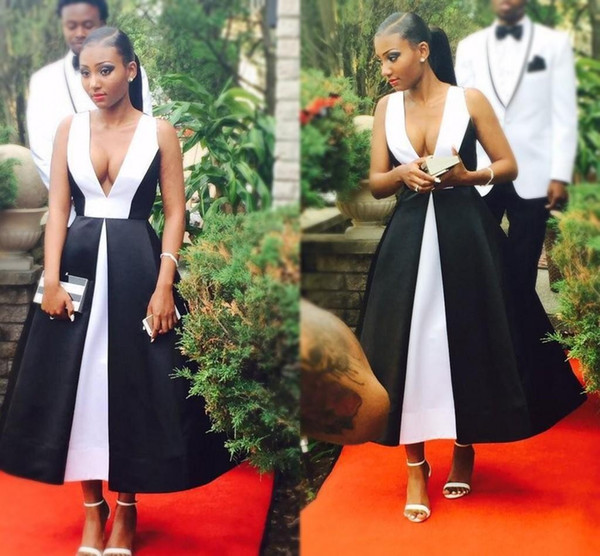 South Africa Elegant Black And White Long Prom Dresses Deep V Neck Sleeveless Tea Length Evening Gowns Formal Dresses Party Wear