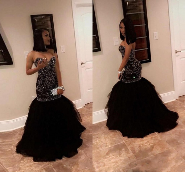 gorgeous New Bling Crystal Beading Mermaid Black Girls Pageant Dresses Evening Party Wear Sweetheart Tulle Floor Length Formal Dresses