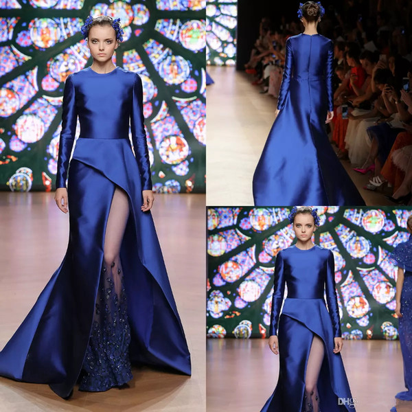 New designer Royal blue Evening Dresses Long Sleeves Jewel Split Lace Applique Beaded formal celebrity Prom Dress Party Sweep Train