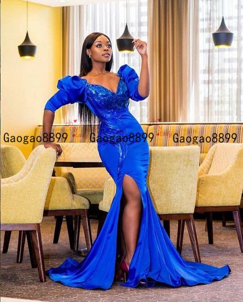 Royal blue Nigerian mermaid evening dresses half sleeve elegant Aso ebi african arabic formal Cocktail Dress celebrity prom party gown