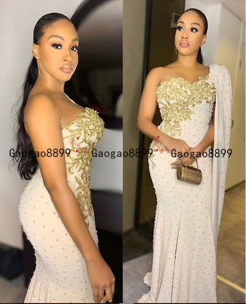 Luxury pearls Arabic Dubai gold lace Mermaid Prom Dress one shoulder with long cape sexy split Formal Evening Dresses Custom made