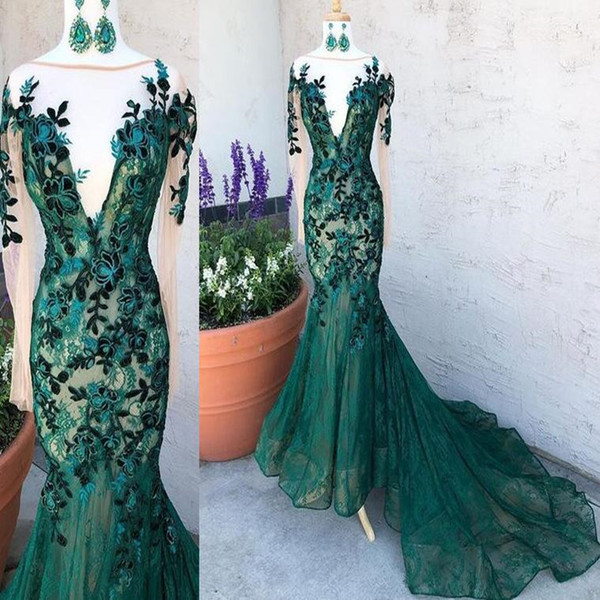 luxury real picture Mermaid Evening Dresses with 3D floral Lace Appliques long sleeves Red Carpet Dress Peplum Sweep Train Prom Gowns