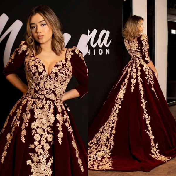 Luxury Burgundy Velvet Evening Dresses Kaftan Caftan Formal Dress Half Sleeve Gold Lace Applique Arabic Dubai prom Occasion Gowns