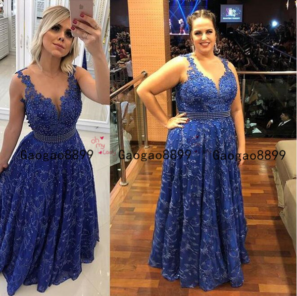 royal blue lace beaded Evening Formal Dresses Aso Ebi Styles sexy v neck pearls sash Glamorous African long prom Gowns
