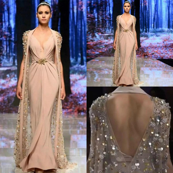 Elie Saab Mermaid Evening Dresses two pieces With Cap Hollow Back Beaded Long Chiffon Prom Gowns Sweep Train Formal Party Dress