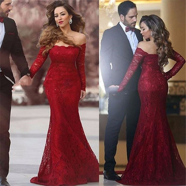 Long Lace Mermaid Prom Dresses Off The Shoulder and Long Sleeves Formal Evening Dresses Celebrity Gowns