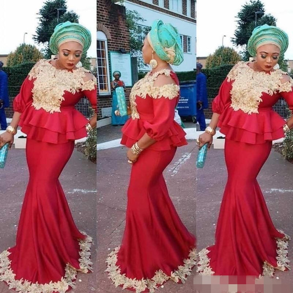 Ado Ebi Mermaid Formal Evening Dresses With 3/4 Long Sleeves Peplum Appliques Plus Size Prom Dresses Party Wear robe de mariée