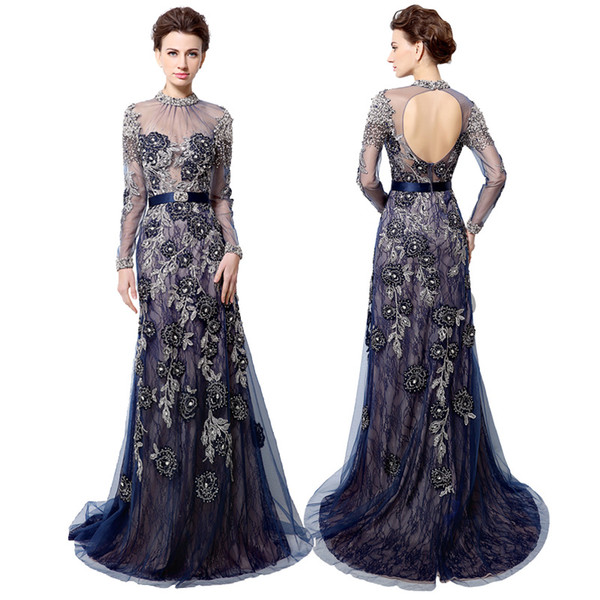 Real picture Navy blue long sleeve evening dresses Fashion high neck backless beaded crystals lace embroidery arabic formal prom gowns LX014