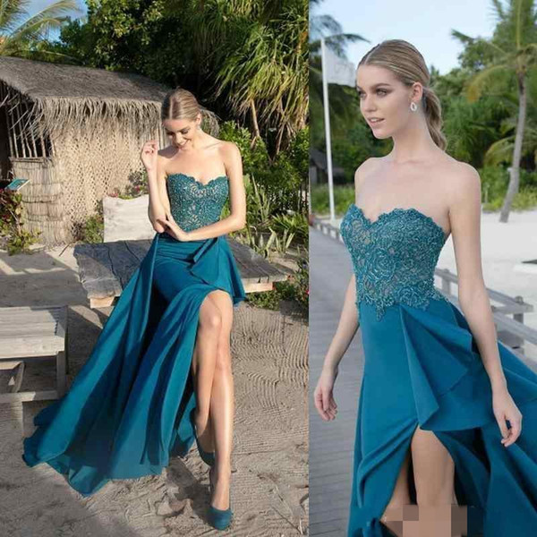 New Arrival Formal Evening Dresses Front Split Full Length Robe Lace Strapless Dresses custom made formal Prom party Gowns Wear