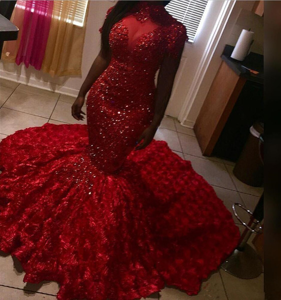 african Stunning Red Mermaid Prom Dresses High Neck 3D Rose Flowers Floral Sweep Train Evening Gowns Red sequins Carpet Dresses