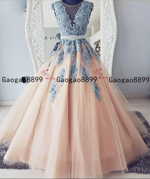 jewel neck A-line Evening Dresses Long tulle Plus Size Prom Dresses with sky blue lace beaded appliques Waistline modest pergant dress